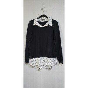 Adrianna Papell Sweater Top Size M Color Black Long Sleeves Knit w. White Collar